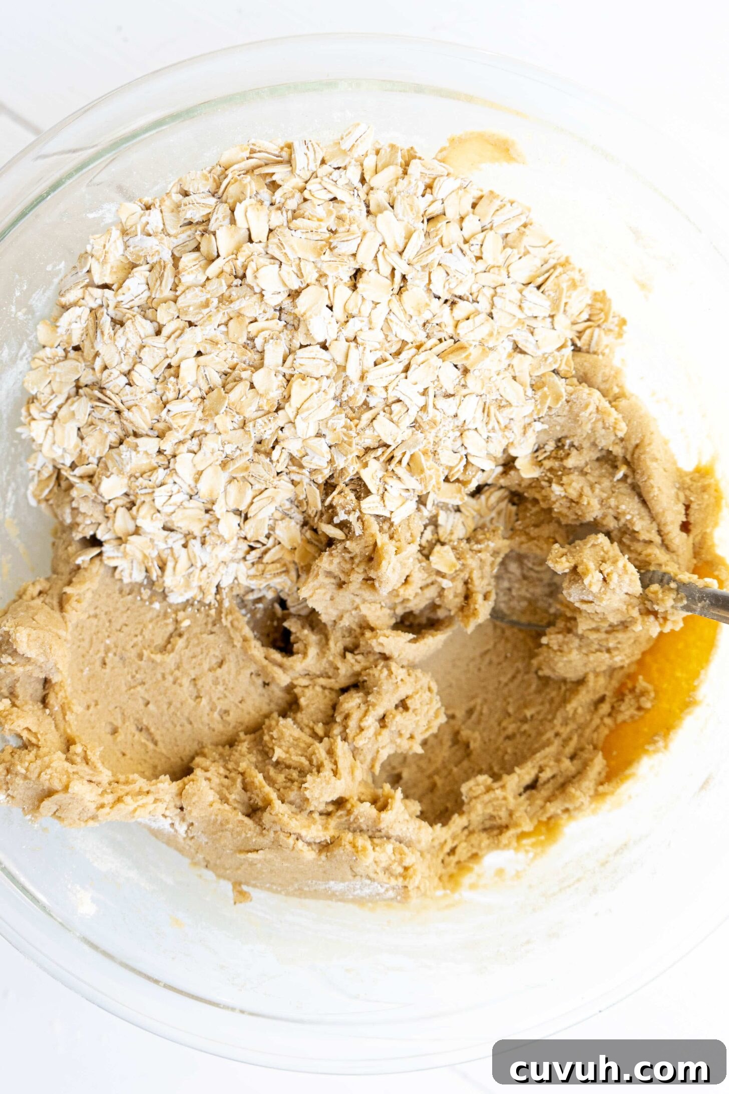 A bowl of cookie batter with oats.