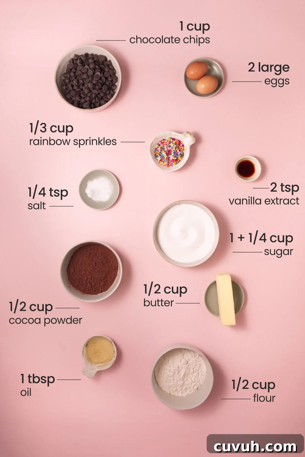 Ingredients for Funfetti brownies - butter, cocoa powder, salt, chocolate chips, sugar, oil, eggs, flour, rainbow sprinkles.