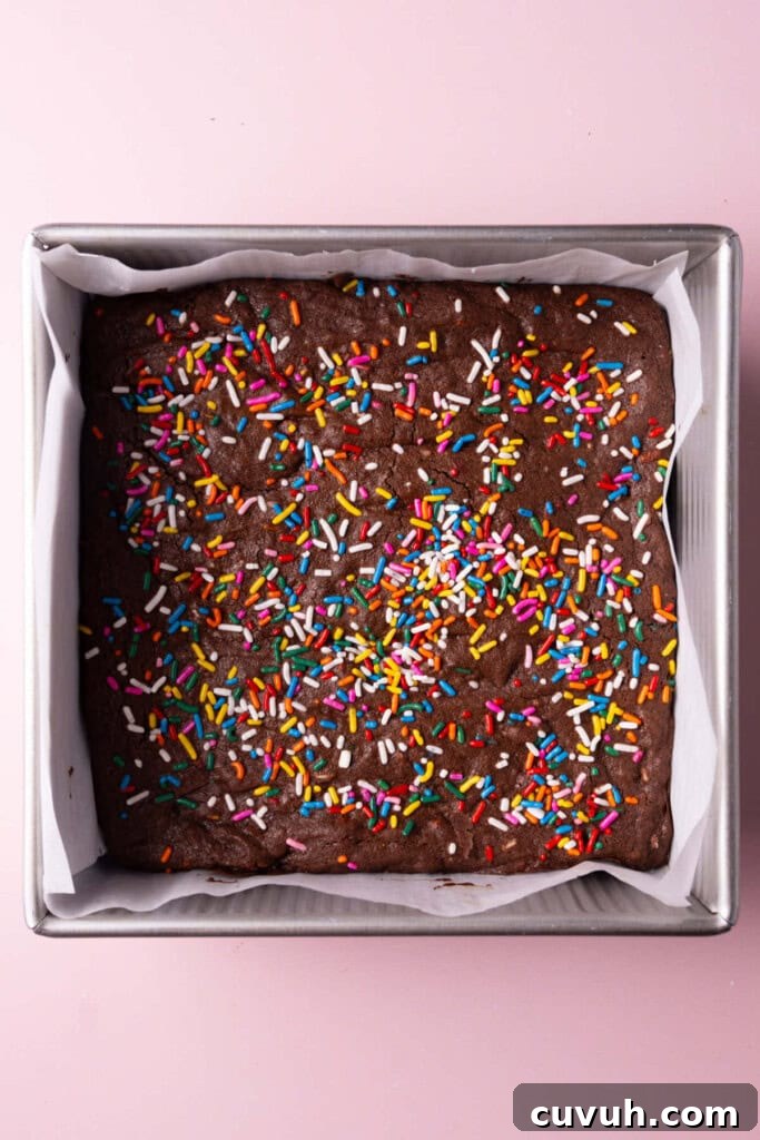 Freshly baked colorful Funfetti brownies still in the pan.