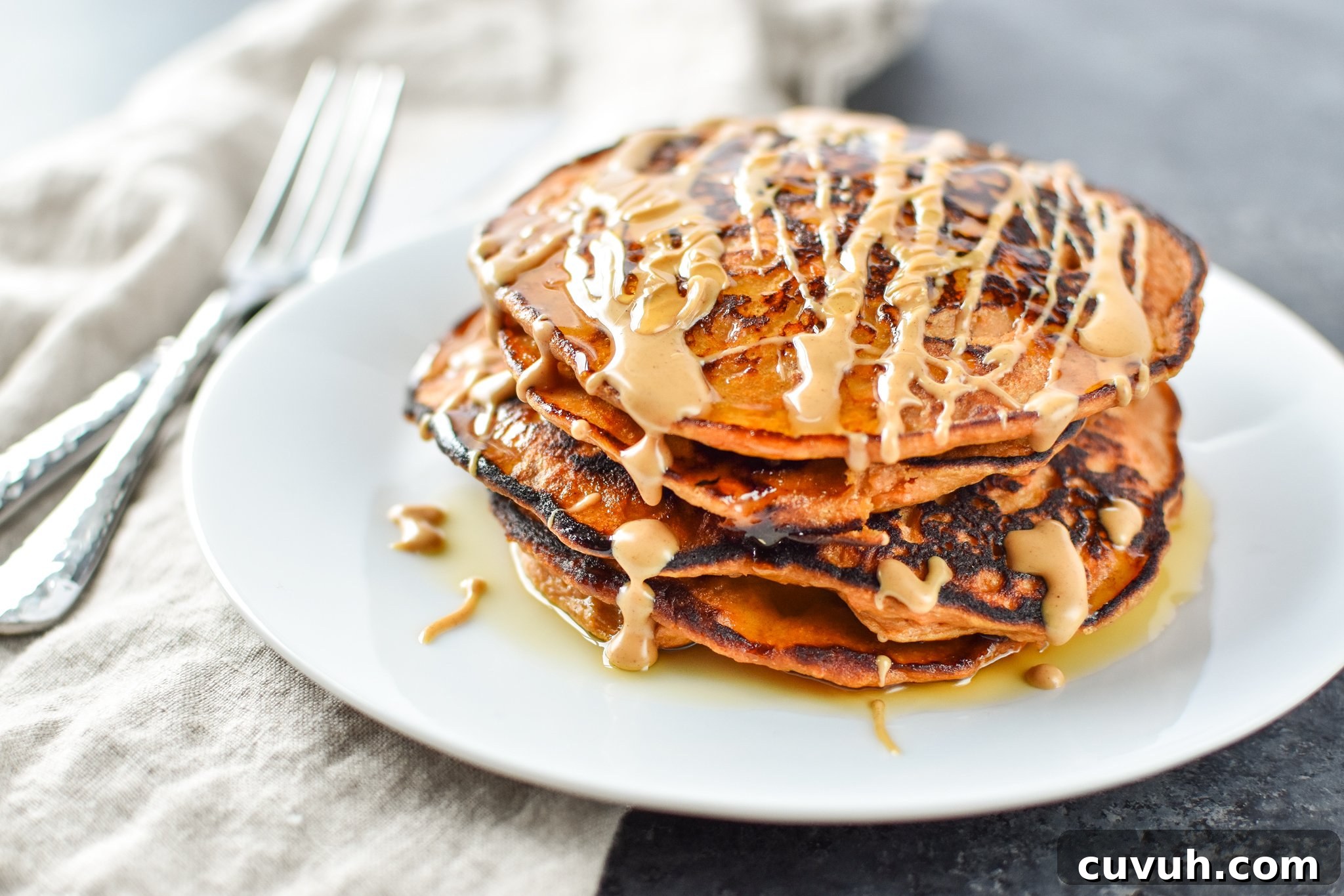 5-Ingredient Sweet Potato and Banana Pancakes Recipe 6 5-Ingredient Sweet Potato Banana Pancakes - Banana, sweet potato, nut butter, eggs and cinnamon are all you need to make these simple pancakes happen. - ProjectMealPlan.com