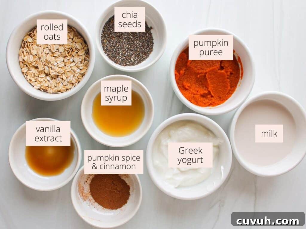 Pumpkin Protein Overnight Oats Recipe for Morning Energy 3 Ingredients for pumpkin spice oatmeal in small white bowls labeled on a countertop.