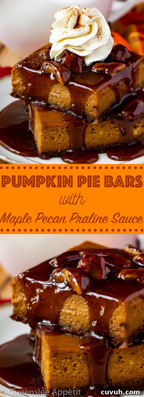 Pumpkin Pie Bars with Maple Pecan Praline Sauce Recipe 21 These Pumpkin Pie Bars have a spiced gingersnap crust and are topped with an irresistible Maple Pecan Praline Sauce! These bars are simple, delicious and a perfect dessert for Thanksgiving!