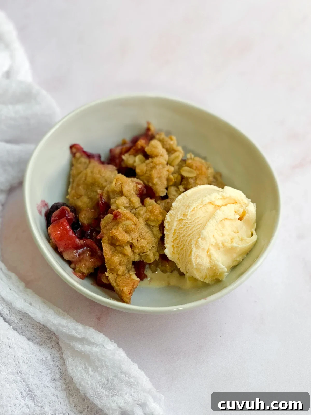 Blackberry Apple Crumble Recipe with Crisp Golden Topping 11 a single serving of blackberry and apple crumble in a bowl with some ice cream.