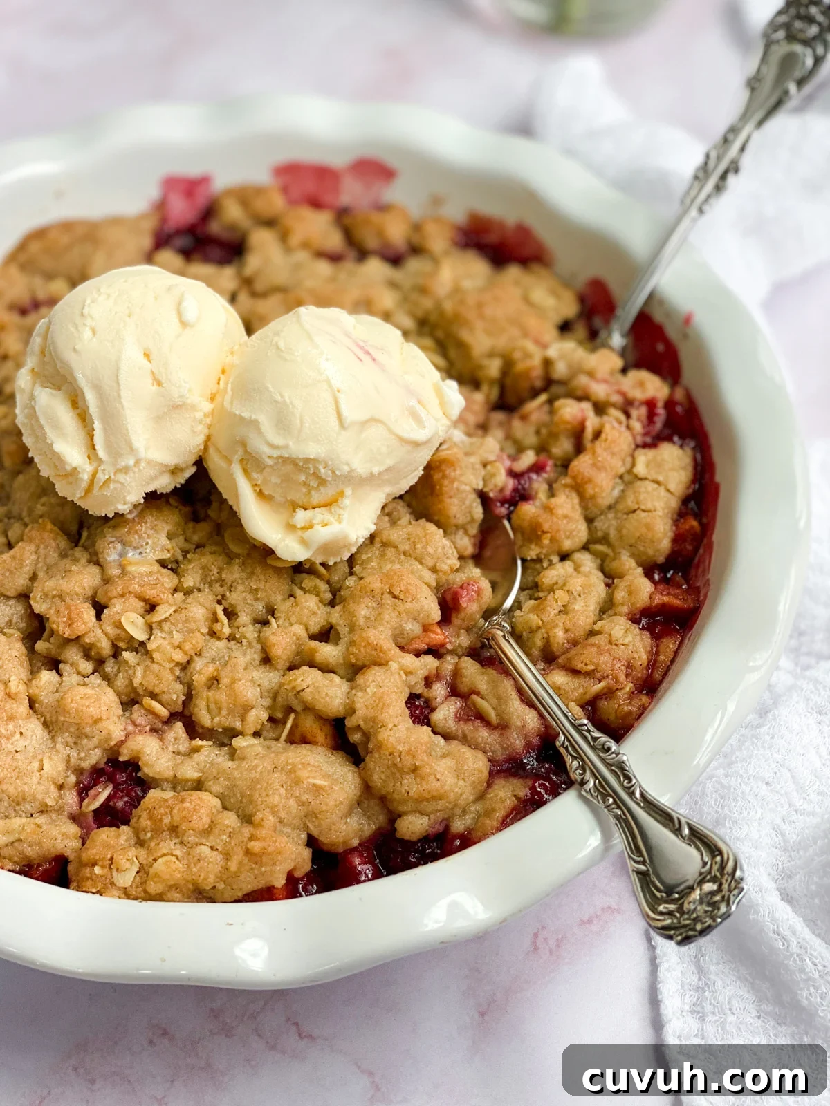 Blackberry Apple Crumble Recipe with Crisp Golden Topping 12 a side view of the whole blackberry and apple crumble.