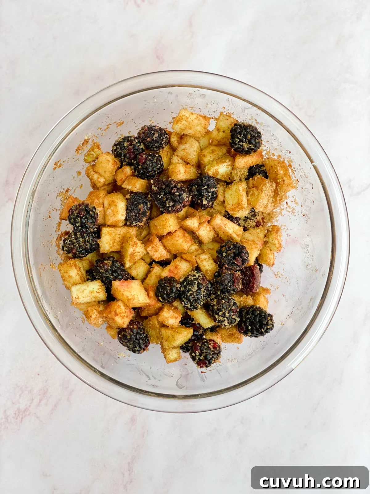 Blackberry Apple Crumble Recipe with Crisp Golden Topping 7 all the filling ingredients mixed together.