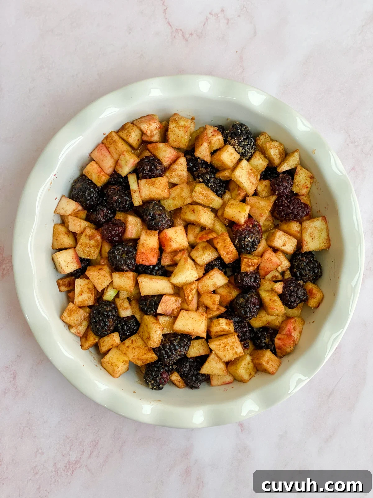 Blackberry Apple Crumble Recipe with Crisp Golden Topping 8 filling in the pie plate.