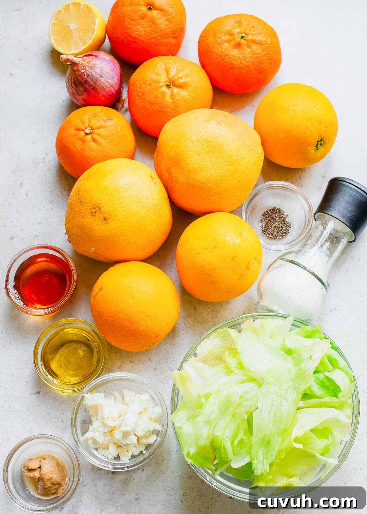 Refreshingly Zesty Citrus Salad Recipe with Honey-Lime Dressing 3 Citrus laying on a counter top and a bowl of lettuce with other ingredients for a salad dressing.