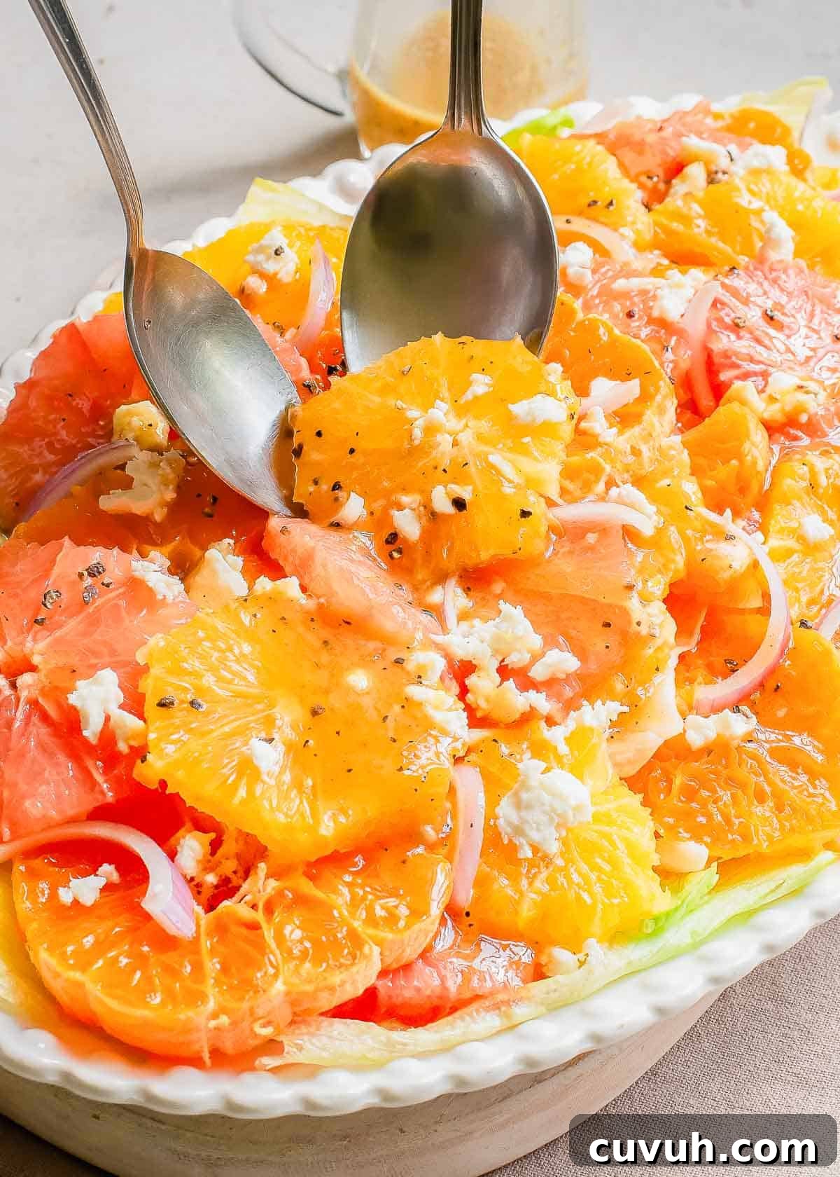Refreshingly Zesty Citrus Salad Recipe with Honey-Lime Dressing 7 A serving plate with citrus salad and two serving spoons.