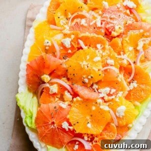 Refreshingly Zesty Citrus Salad Recipe with Honey-Lime Dressing 8 Citrus salad with feta and onions on a white platter.