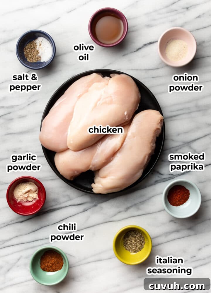 Juicy Oven-Baked Chicken Breast Recipe for Weeknight Dinners 3 ingredients for baked chicken breast in prep bowls