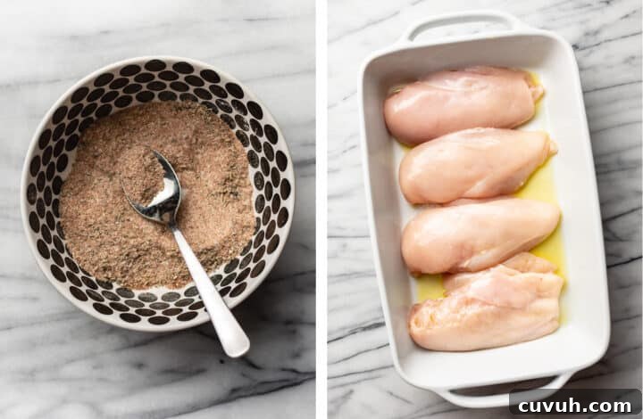 Juicy Oven-Baked Chicken Breast Recipe for Weeknight Dinners 4 mixing a homemade spice rub and adding olive oil to chicken