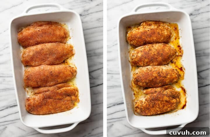 Juicy Oven-Baked Chicken Breast Recipe for Weeknight Dinners 5 chicken in a casserole dish before and after baking