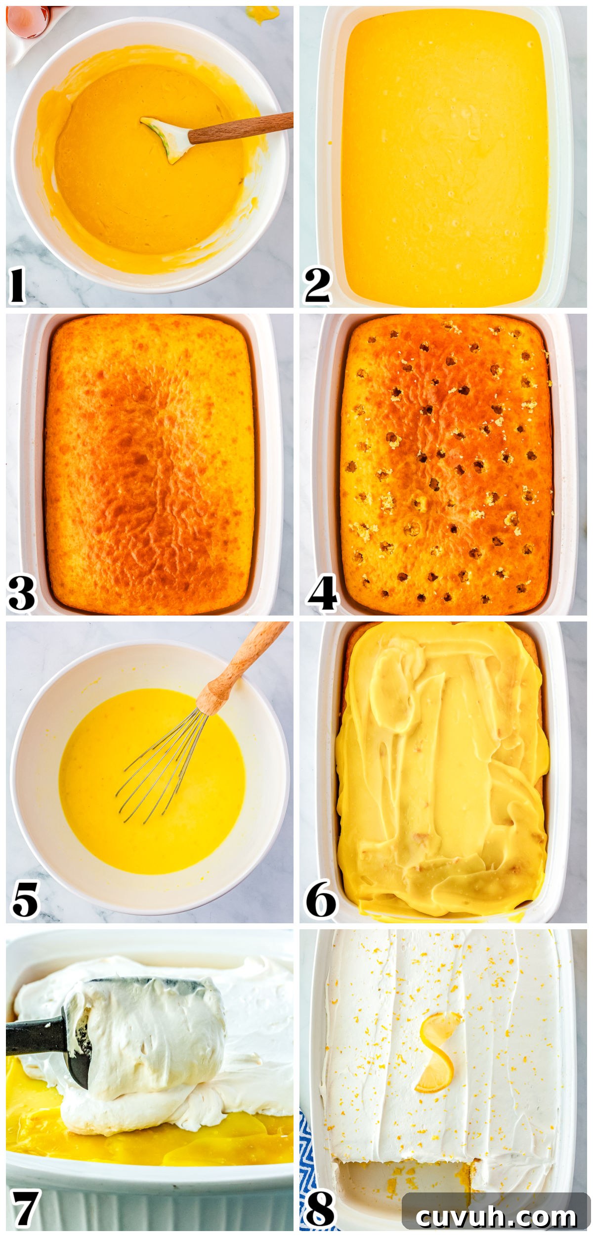 Moist Lemon Poke Cake with Zesty Citrus Glaze 5 A picture collage showing how to make this recipe.