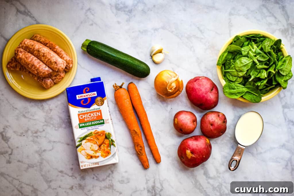 Instant Pot Zuppa Toscana: Sausage and Spinach Soup Recipe 4 An overhead view of ingredients for the Instant Pot Zuppa Tosaca