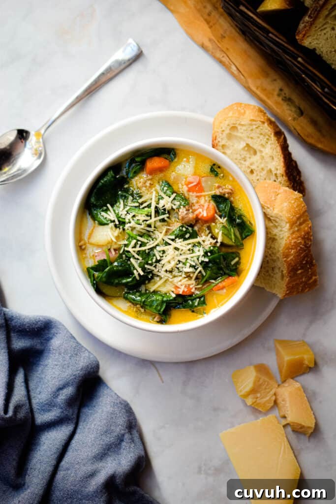 Instant Pot Zuppa Toscana: Sausage and Spinach Soup Recipe 10 An overhead view of the bowl of soup