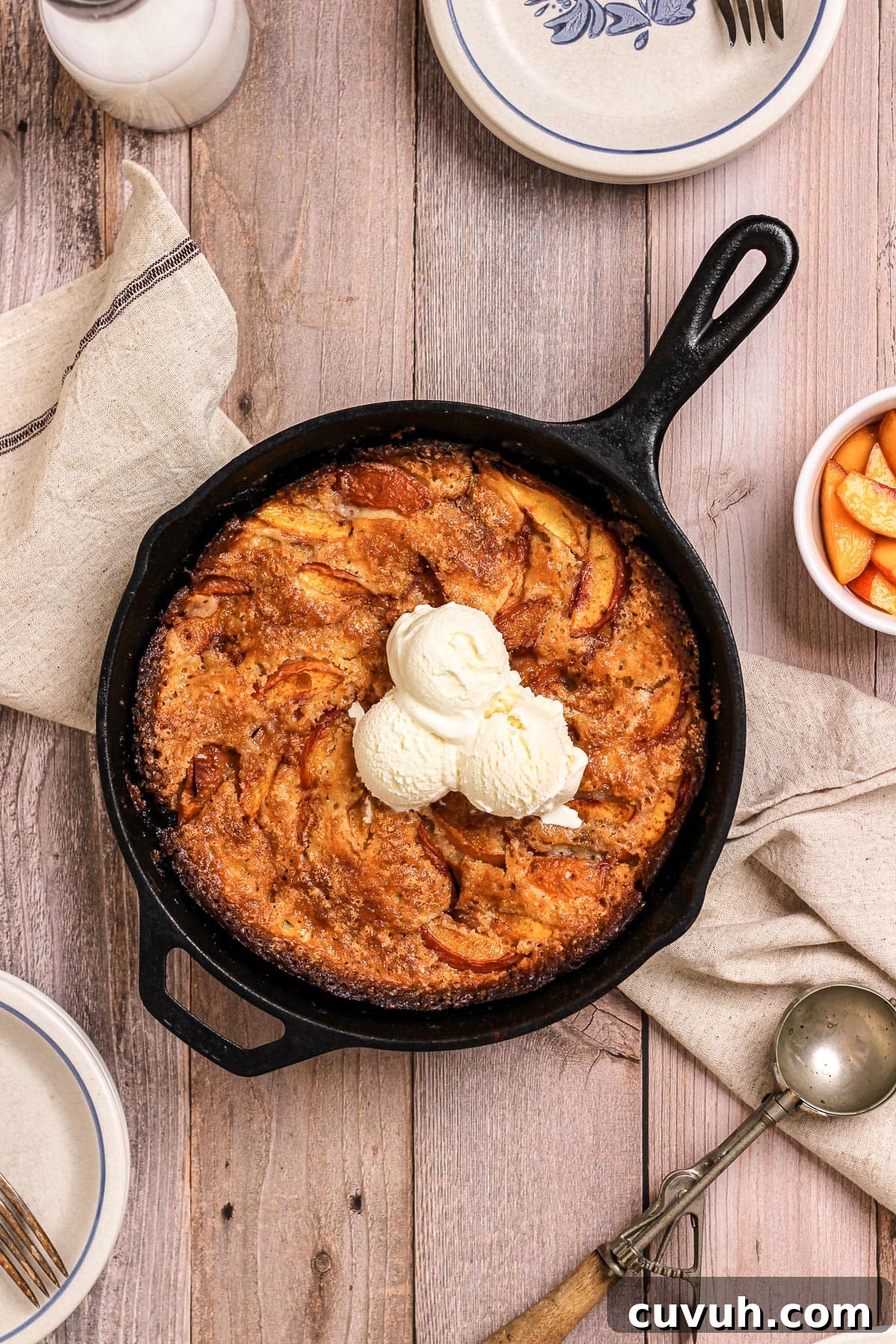 nectarine peach cobbler in a cast iron skillet