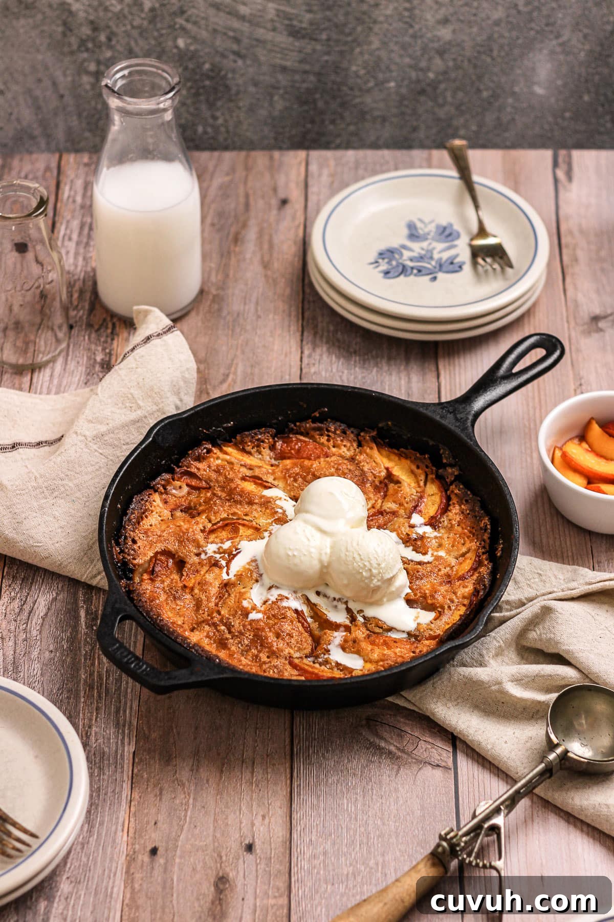 nectarine peach cobbler in a cast iron skillet