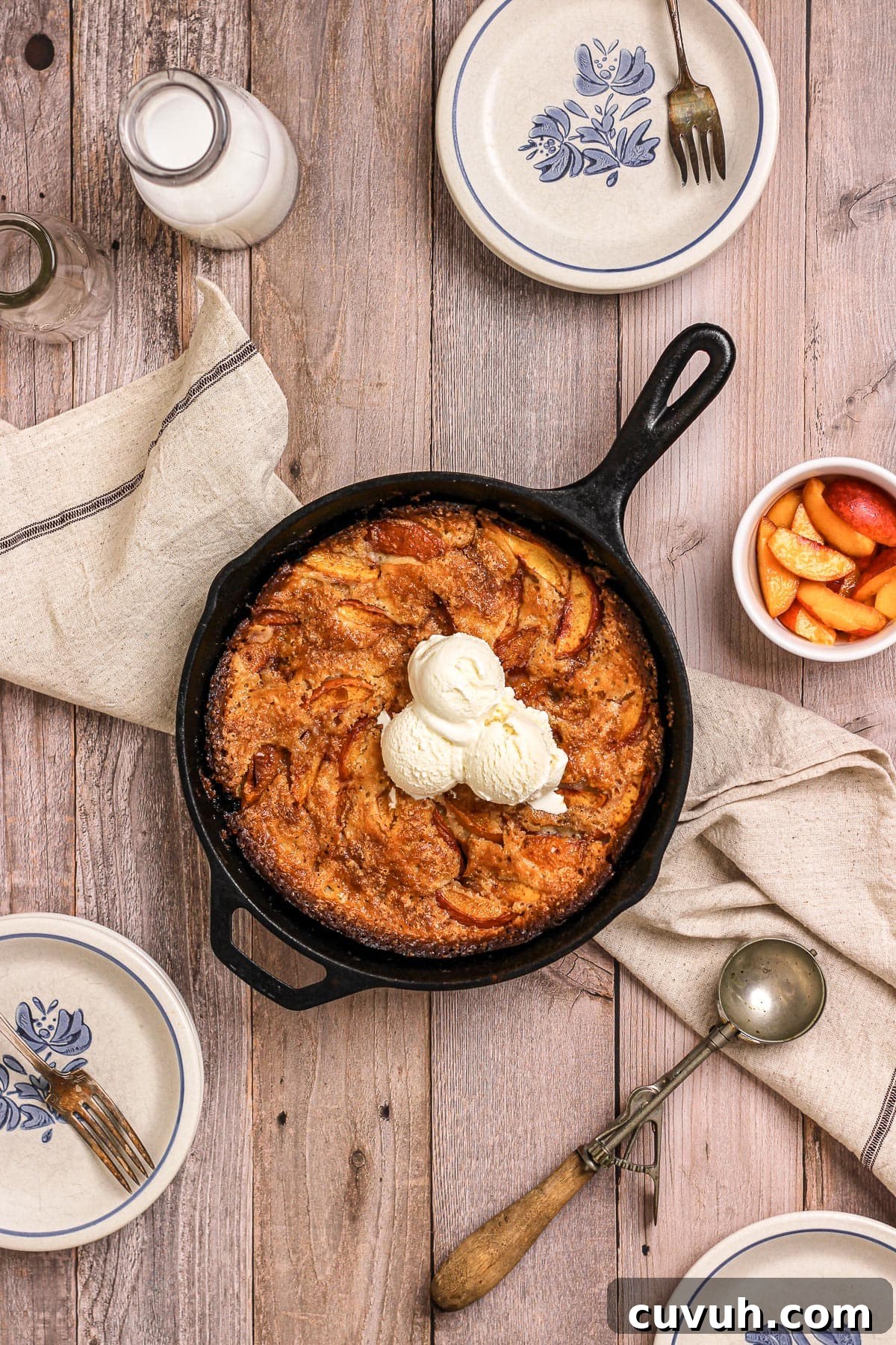 nectarine peach cobbler in a cast iron skillet