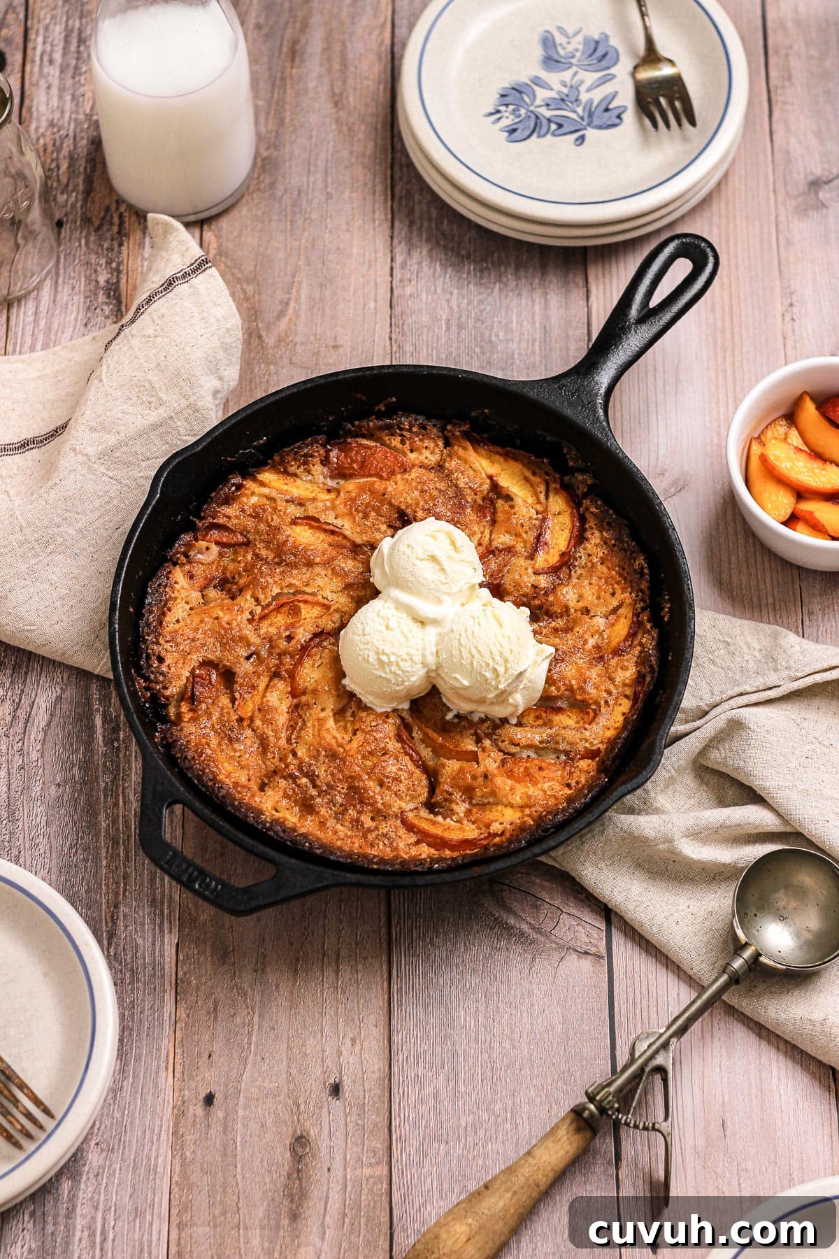 nectarine peach cobbler in a cast iron skillet