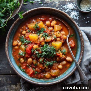 Smoky Moroccan bean stew with cilantro and tomatoes in a blue bowl.