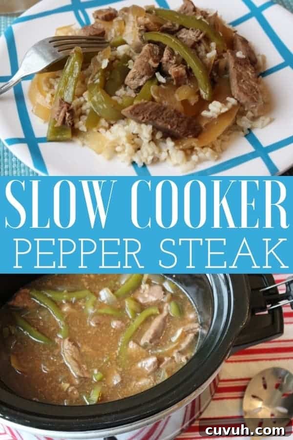 Slow cooker pepper steak that is melt in your mouth delicious. The best pepper steak recipe with tender and juicy steak, onion and peppers in every bite #slowcooker #peppersteak #easydinner slow cooker pepper steak
