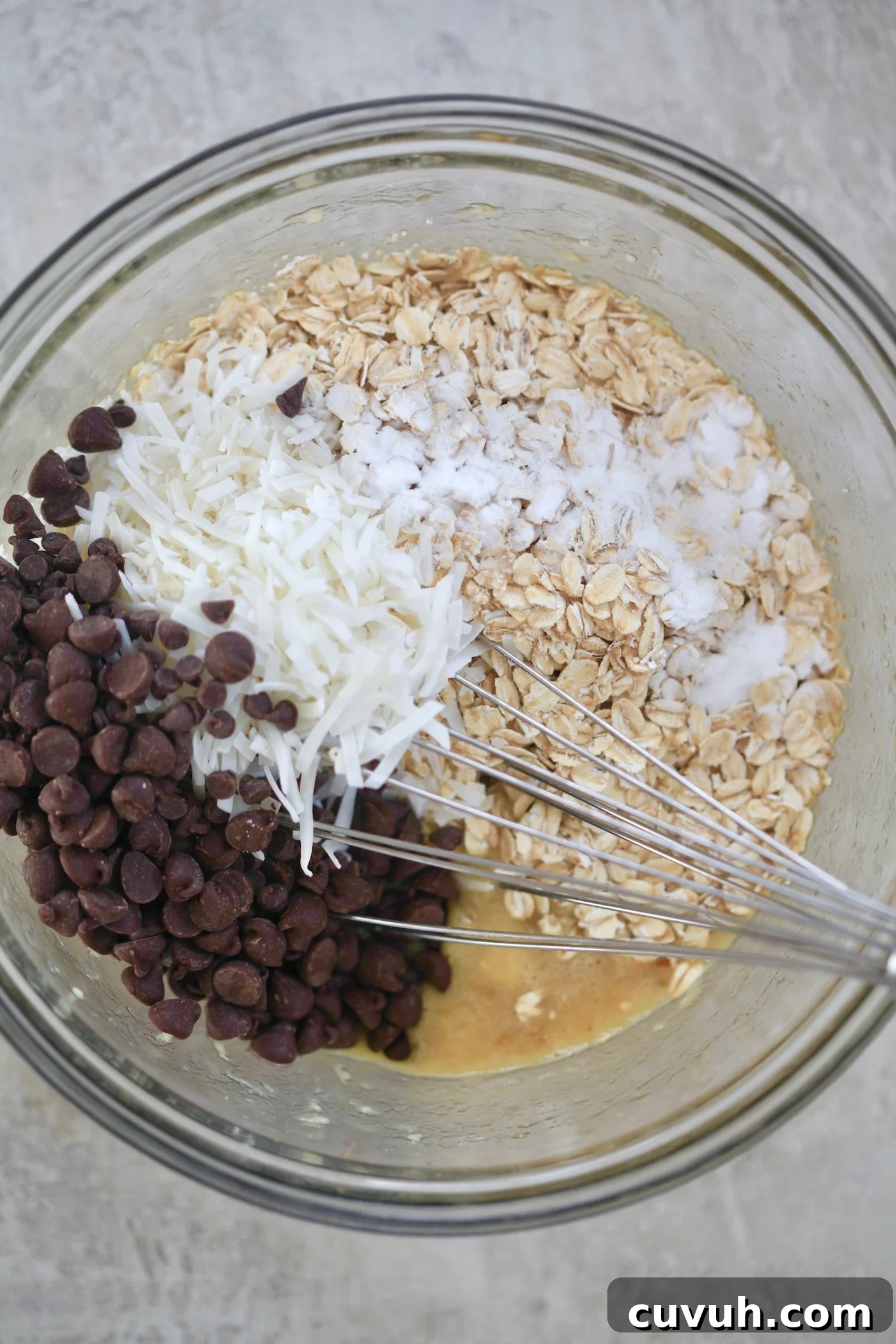 Banana Oatmeal Breakfast Cookies for Quick Morning Fuel 6 bowl with banana, oats, coconut, chocolate chips