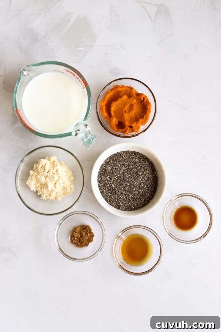 Ingredients for pumpkin chia seed pudding displayed in small bowls on a white kitchen counter