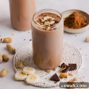 Chocolate peanut butter protein smoothie with bananas and peanut butter.
