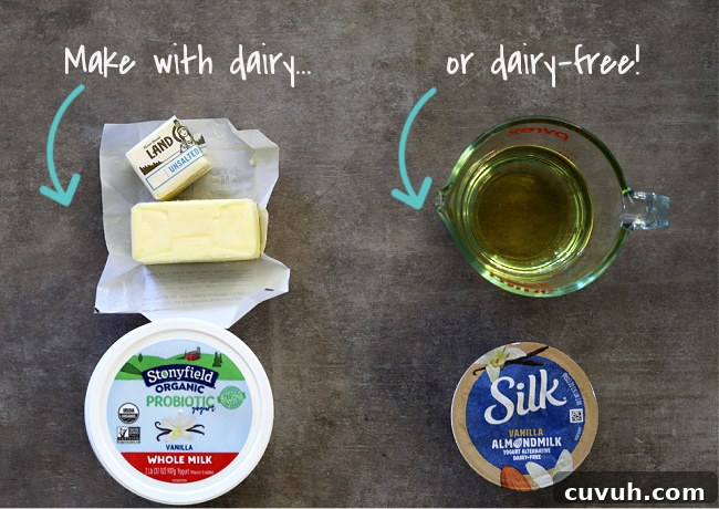 butter, yogurt, cup of oil, and dairy-free yogurt