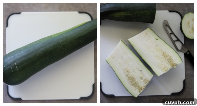 large zucchini on cutting board, then zucchini cut in half on cutting board