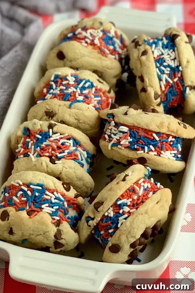 Patriotic 4th of July Desserts to Impress Your Guests 7 Ice cream sandwiches with red, white, and blue sprinkles on them