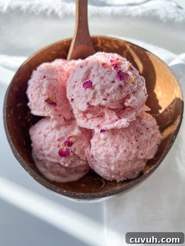 A coconut bowl filled with four scoops of light pink Cottage Cheese Ice Cream.