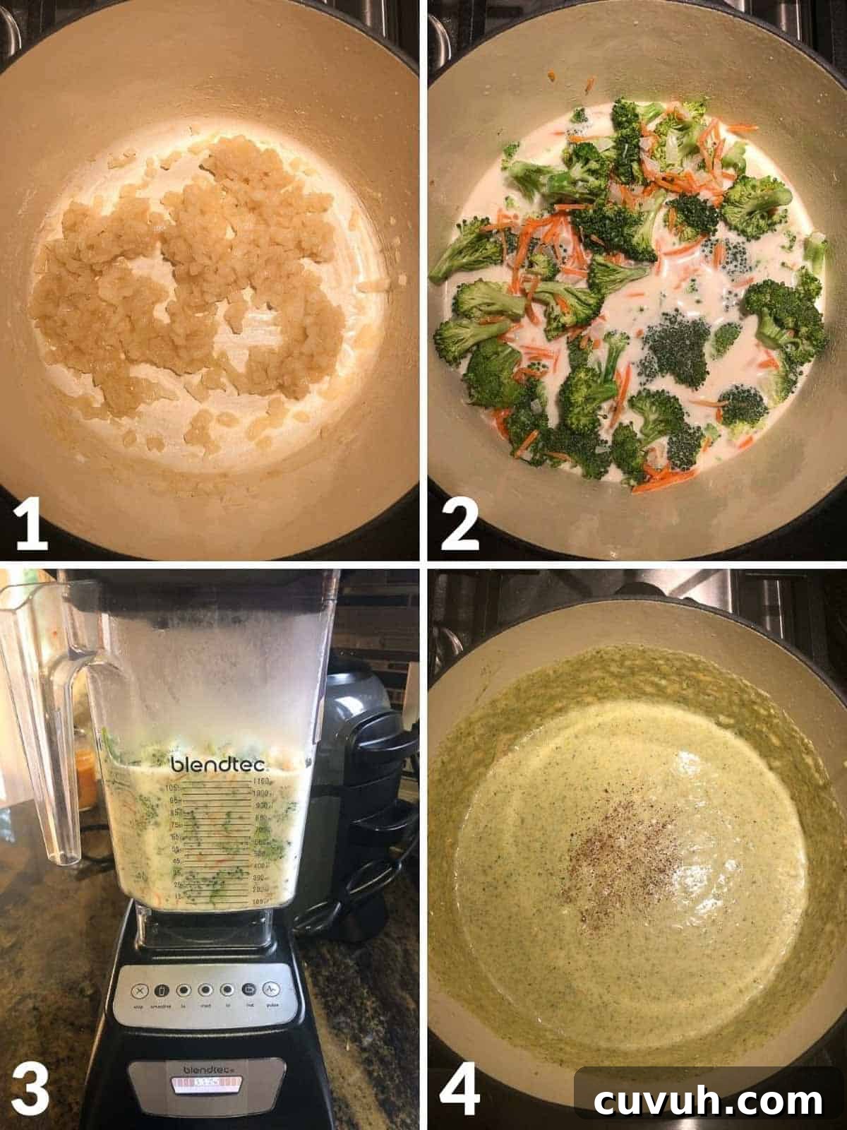 Collage of 4 images showing how to make broccoli cheddar soup