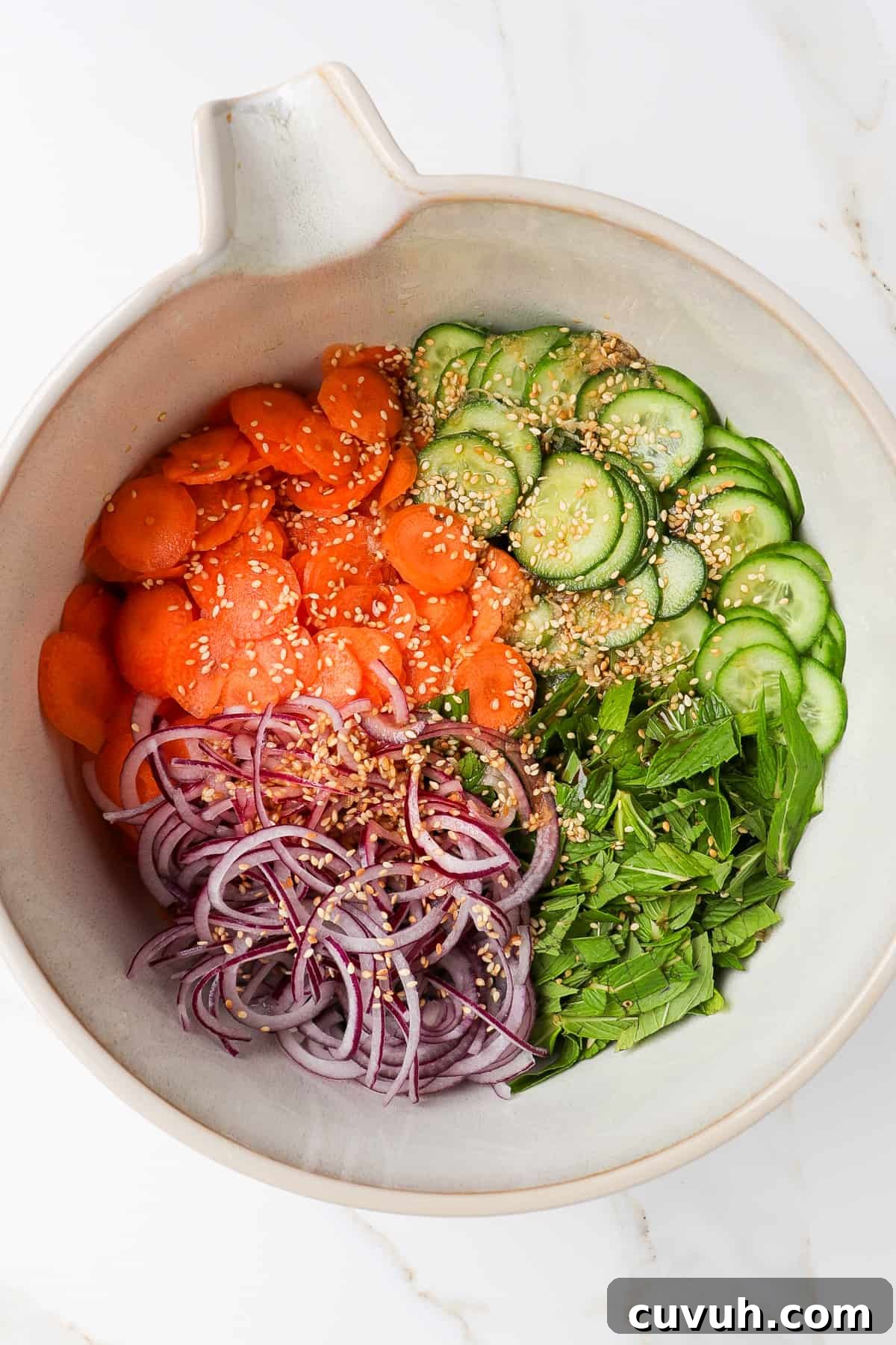 Sesame Carrot and Cucumber Salad with Tangy Dressing 6 Cucumbers, carrots, red onions, mint and toasted sesame seeds in a bowl.