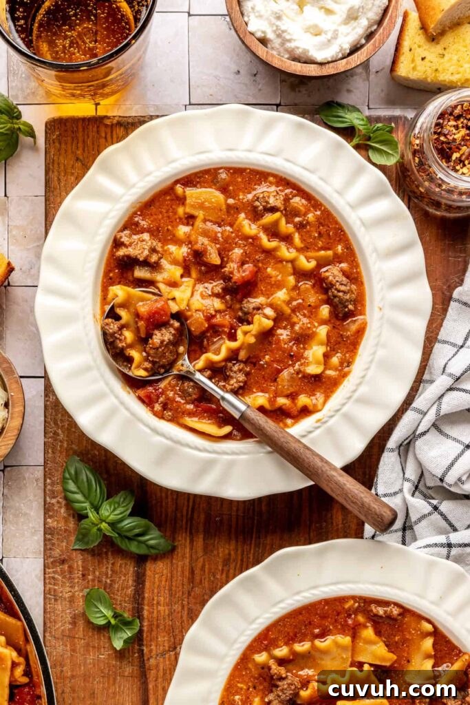 High-protein lasagna soup in a bowl