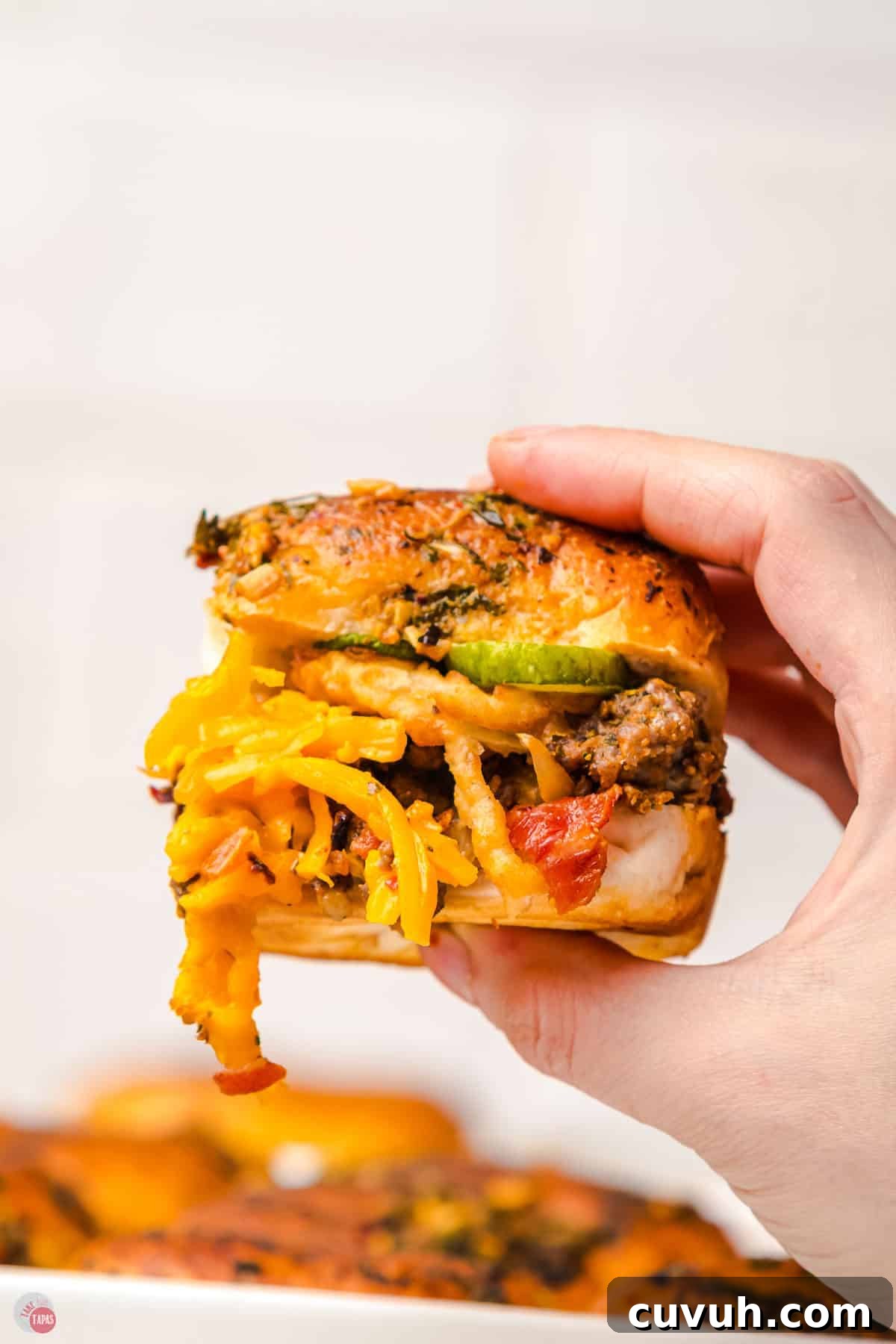 hand holding a cheeseburger slider