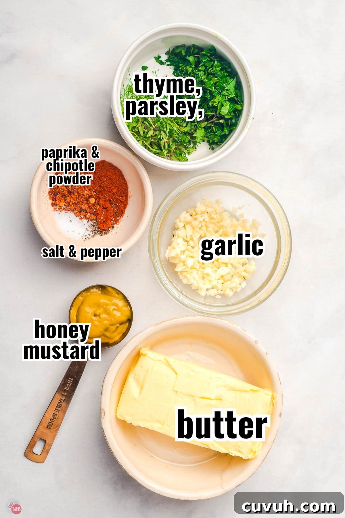 ingredients for cowboy butter with text overlay labeling them