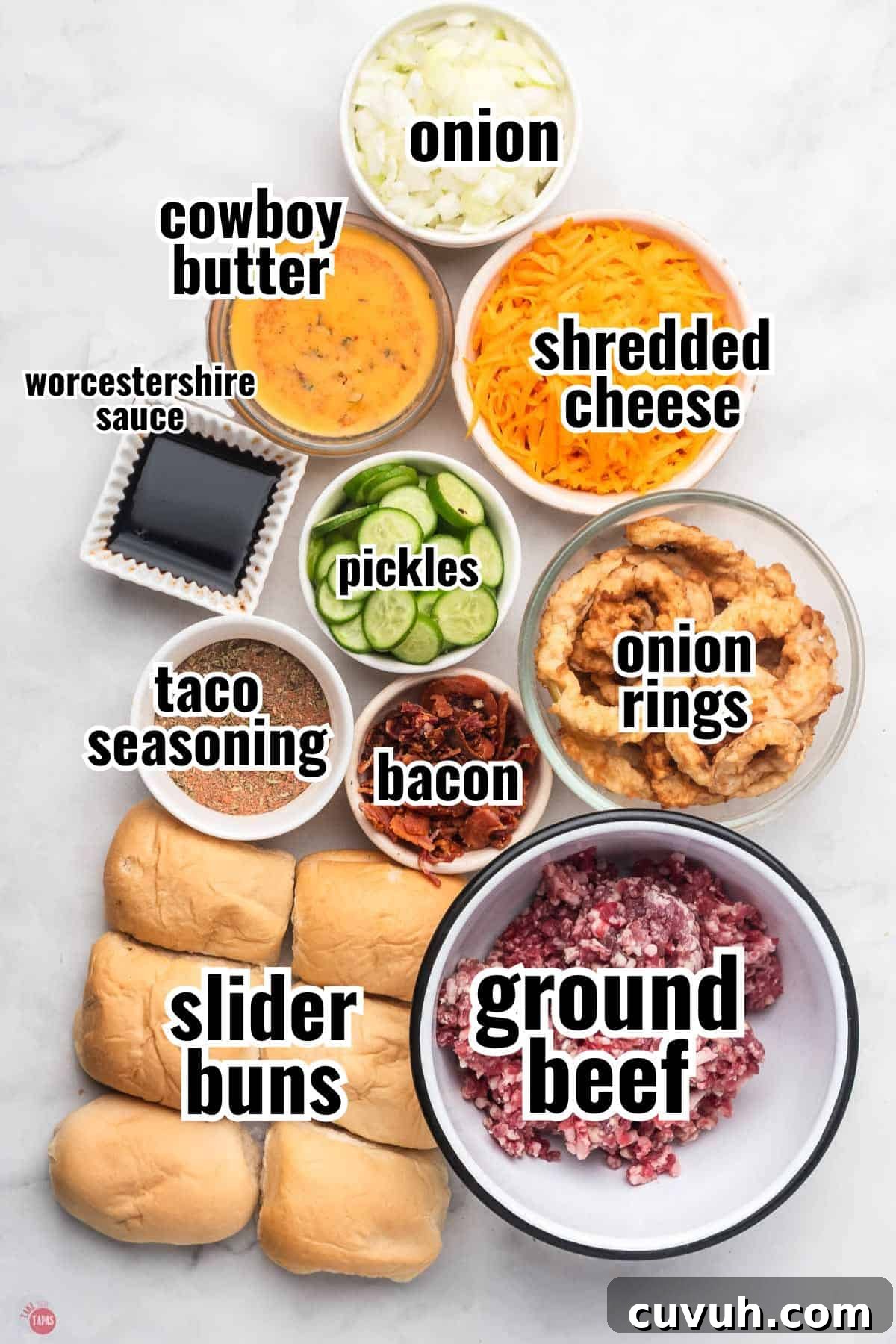 ingredients for cowboy sliders with text overlay labeling them