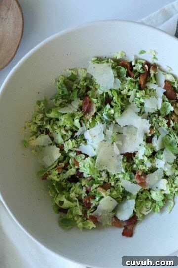 Shaved brussel sprout salad in salad bowl topped with parmesan cheese.