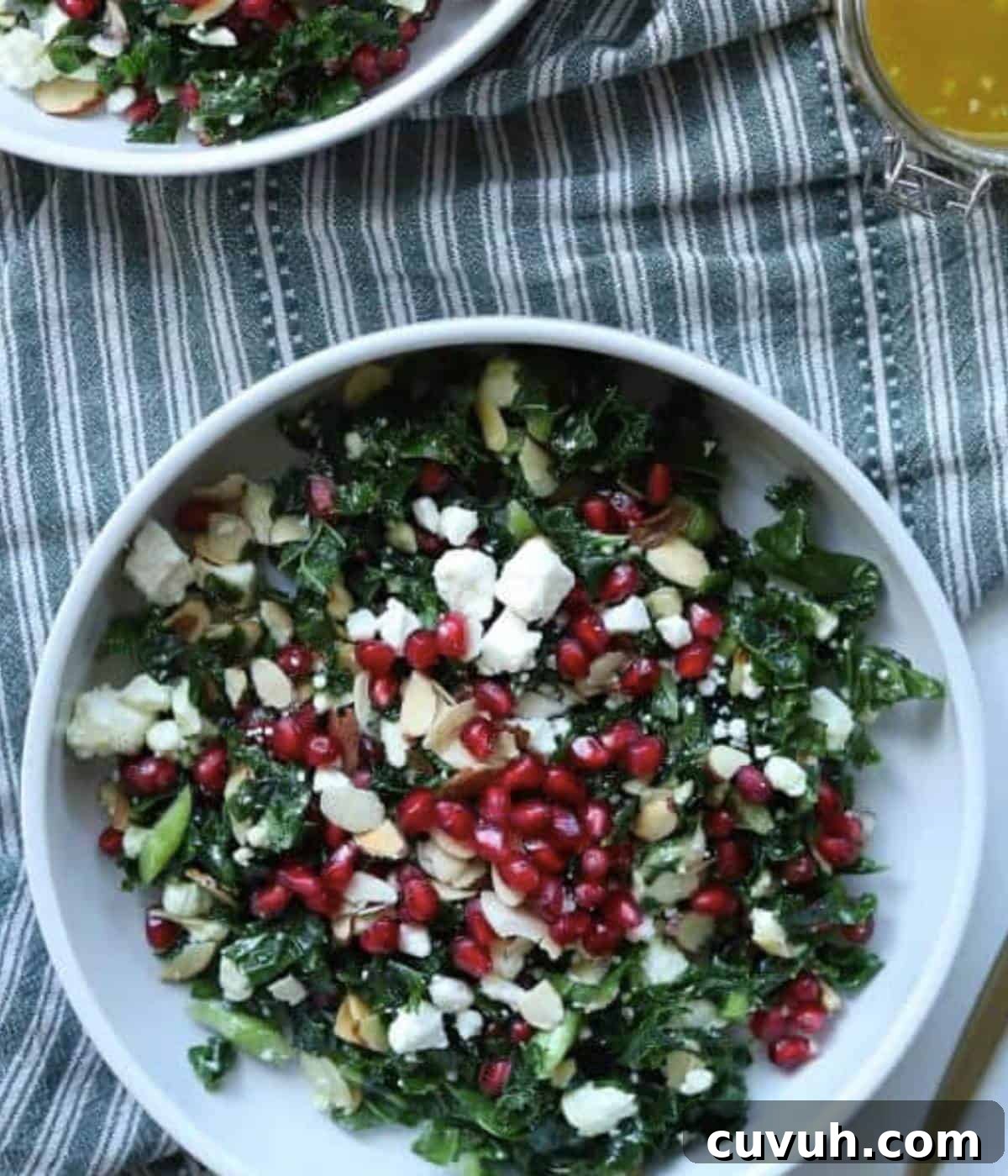 Winter Kale and Pomegranate Salad with Citrus Vinaigrette 7 Kale Pomegranate salad in large white bowl topped with feta.