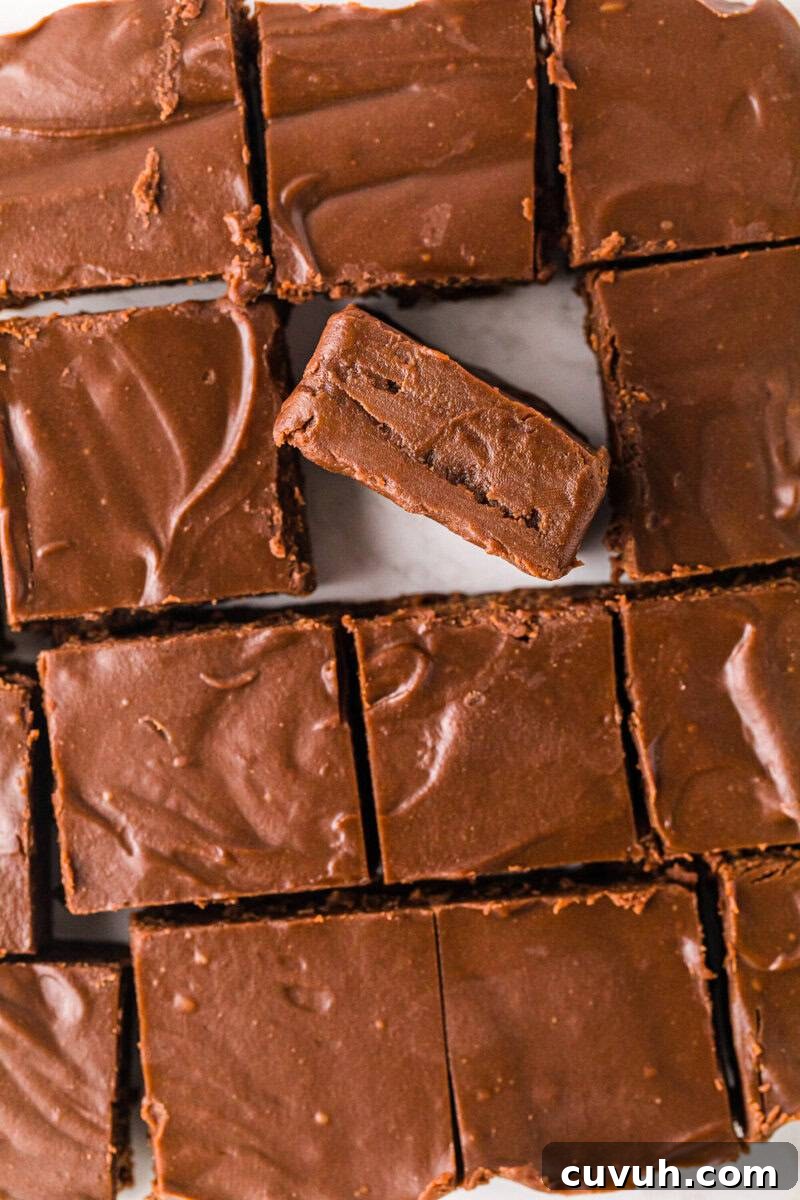 piece of the fudge upturned on it's side in the dish.