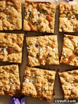 Sliced caramel chocolate chip bars.