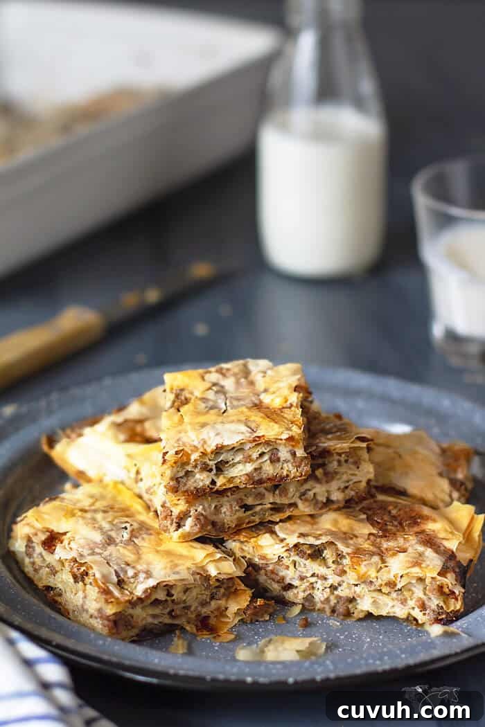 Layered Burek: Flaky Fillo Meat Pie Recipe 6 The meat fillo pie makes a perfect lunch, dinner, snack, and an appetizer.