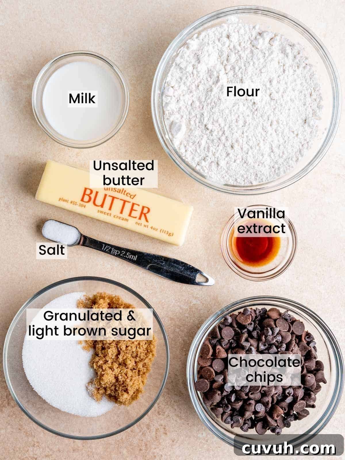 Ingredients needed to make edible cookie dough with chocolate chips.