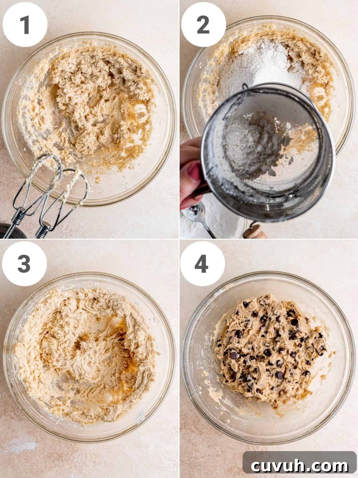 Step by step instructions showing how to make edible chocolate chip cookie dough.