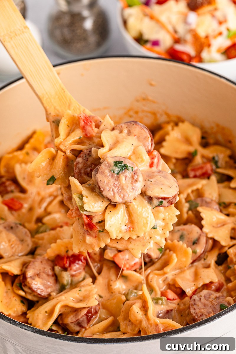 Kielbasa pasta in dish.