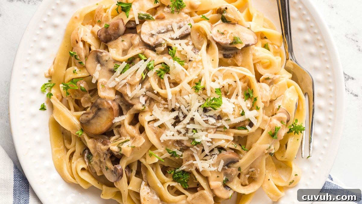 Creamy mushroom pasta on a white plate with a fork.