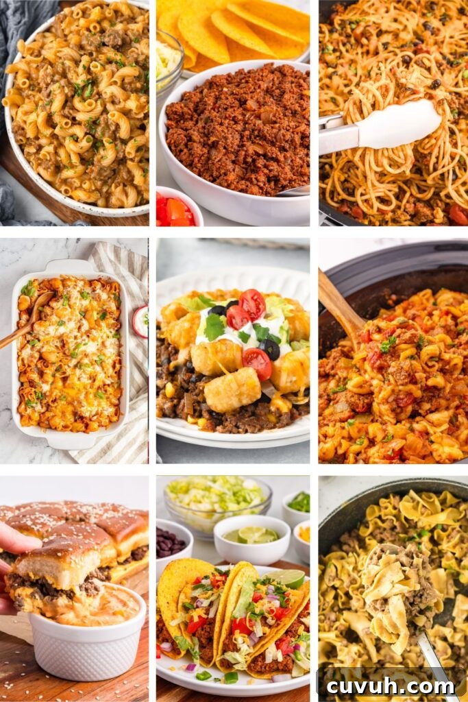 Ground beef recipes photo collage with text overlay.