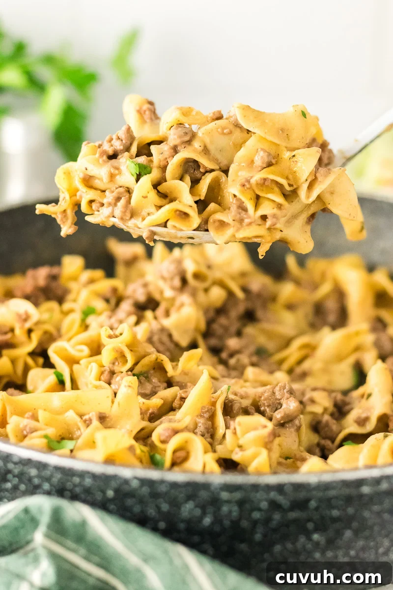 Homemade beef noodle hamburger helper scooped up with a spoon held over skillet.