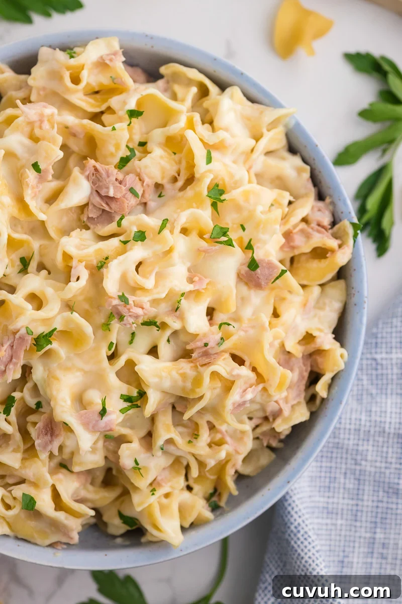 Homemade tuna helper served in bowl.